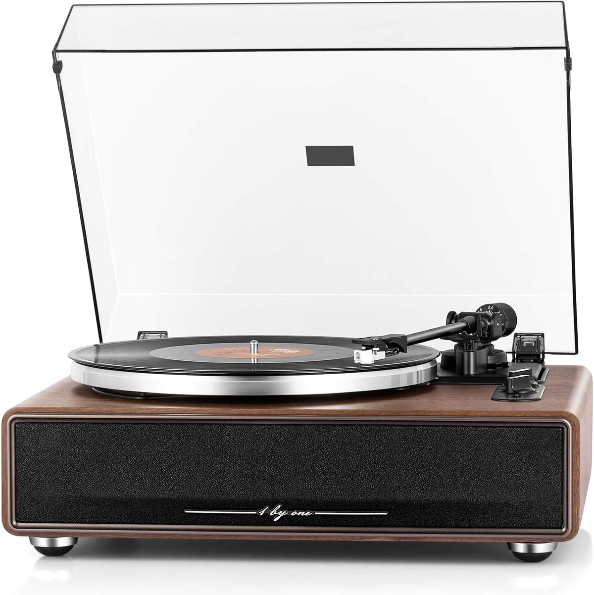 1byone wood finish record player with built-in speakers and dust cover