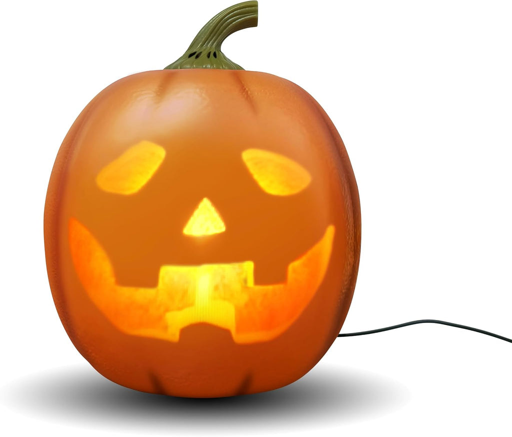 Jabberin' Jack animated talking pumpkin glowing orange on a porch at night