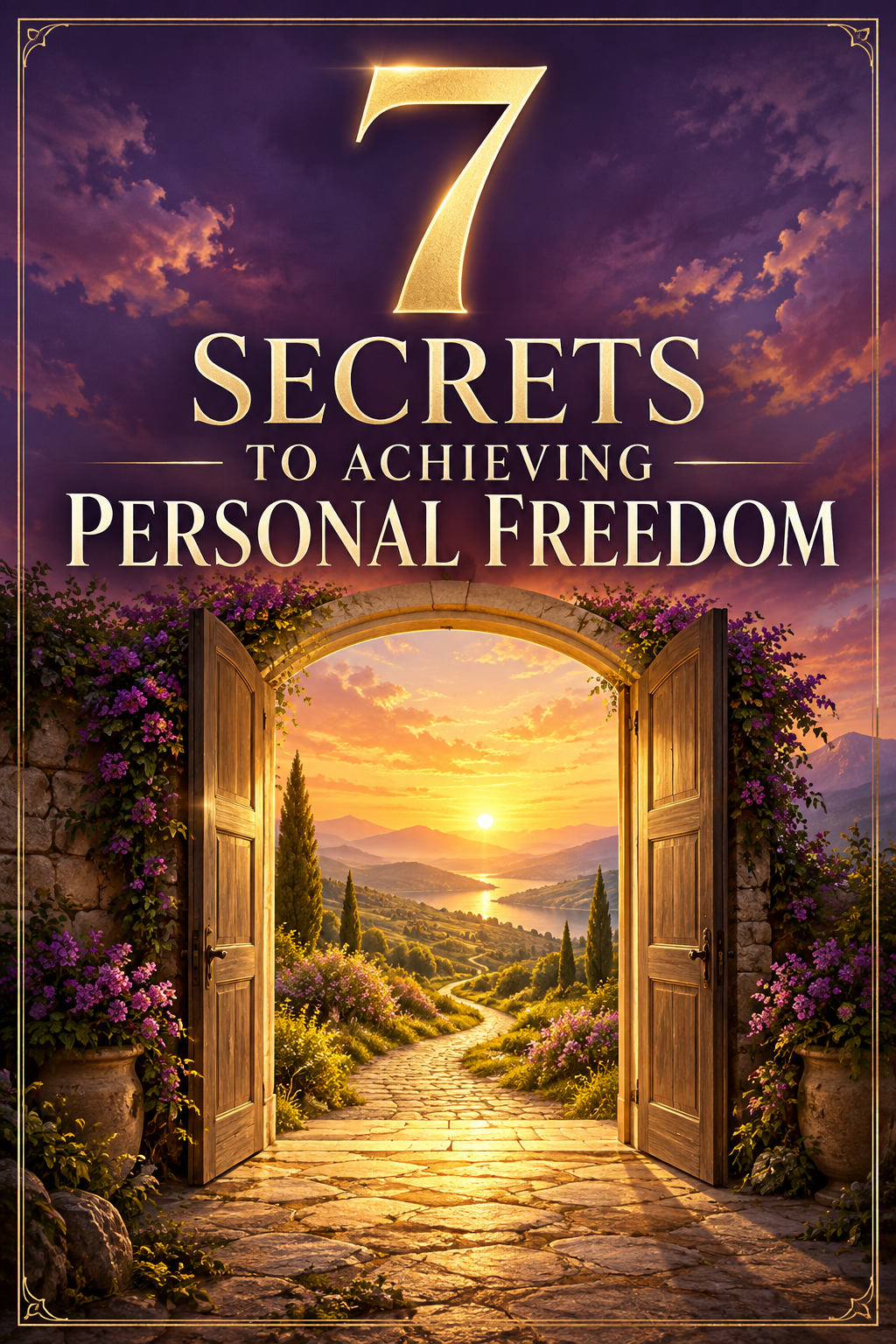 7 Secrets to Achieving Personal Freedom ebook cover, with purple sky and an open doorway onto a golden sunrise path