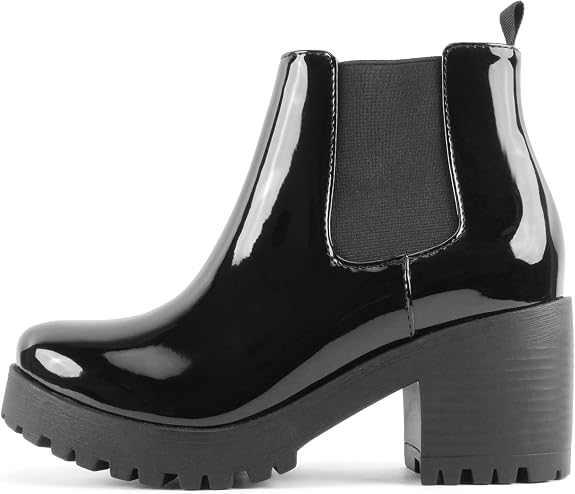 Black patent lug-sole Chelsea ankle boot with chunky heel