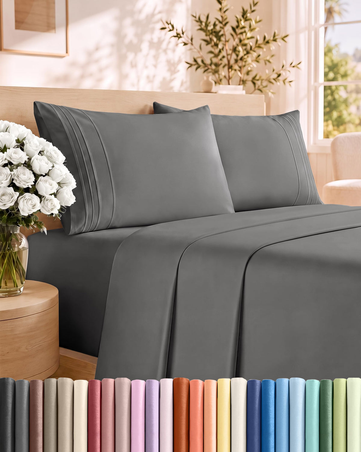 Queen 4-Piece Cooling Sheet Set – Deep Pocket, Dark Grey