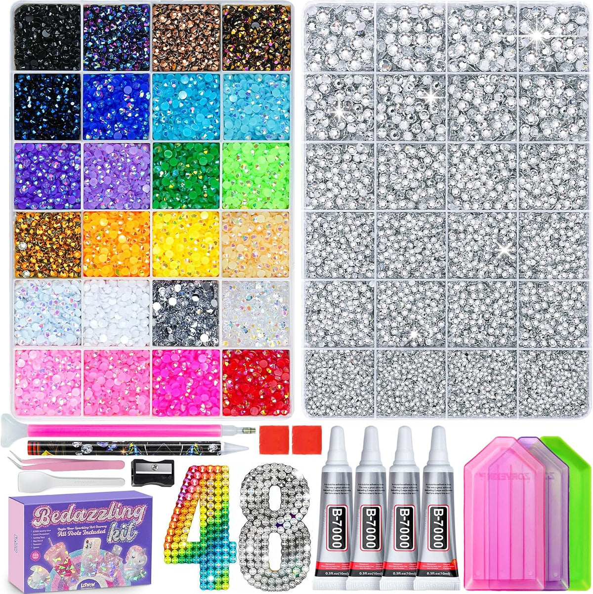 2 Boxes 70000PCS Rhinestones Kit, Rhinestones 3mm 24 Color & Silver 2/3/4/5/6mm Resin Flatback Gems for Diamond Art, Bedazzler Kit with 4Pcs B7000 Jewelry Glue for DIY Crafting Crafts Decor