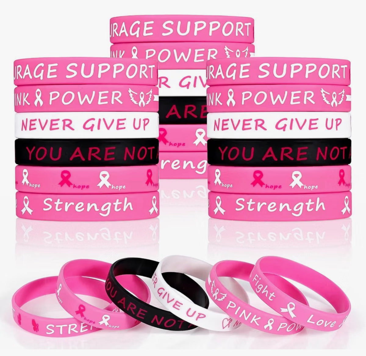 Pink Ribbon Breast Cancer Awareness Bracelets — 30 Pack