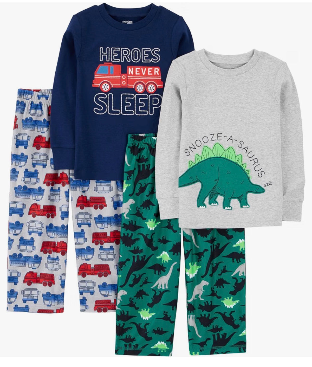 Kids fire truck and dinosaur long-sleeve pajama sets