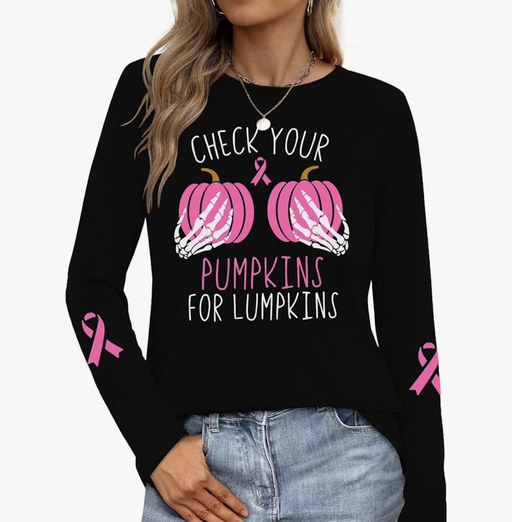 Black Check Your Pumpkins breast cancer awareness long-sleeve shirt