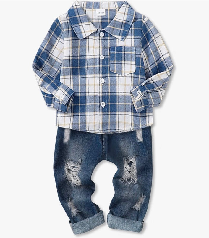 Blue and white plaid shirt with distressed denim jeans