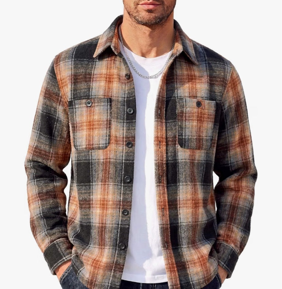 COOFANDY men's rust and gray plaid flannel shirt jacket
