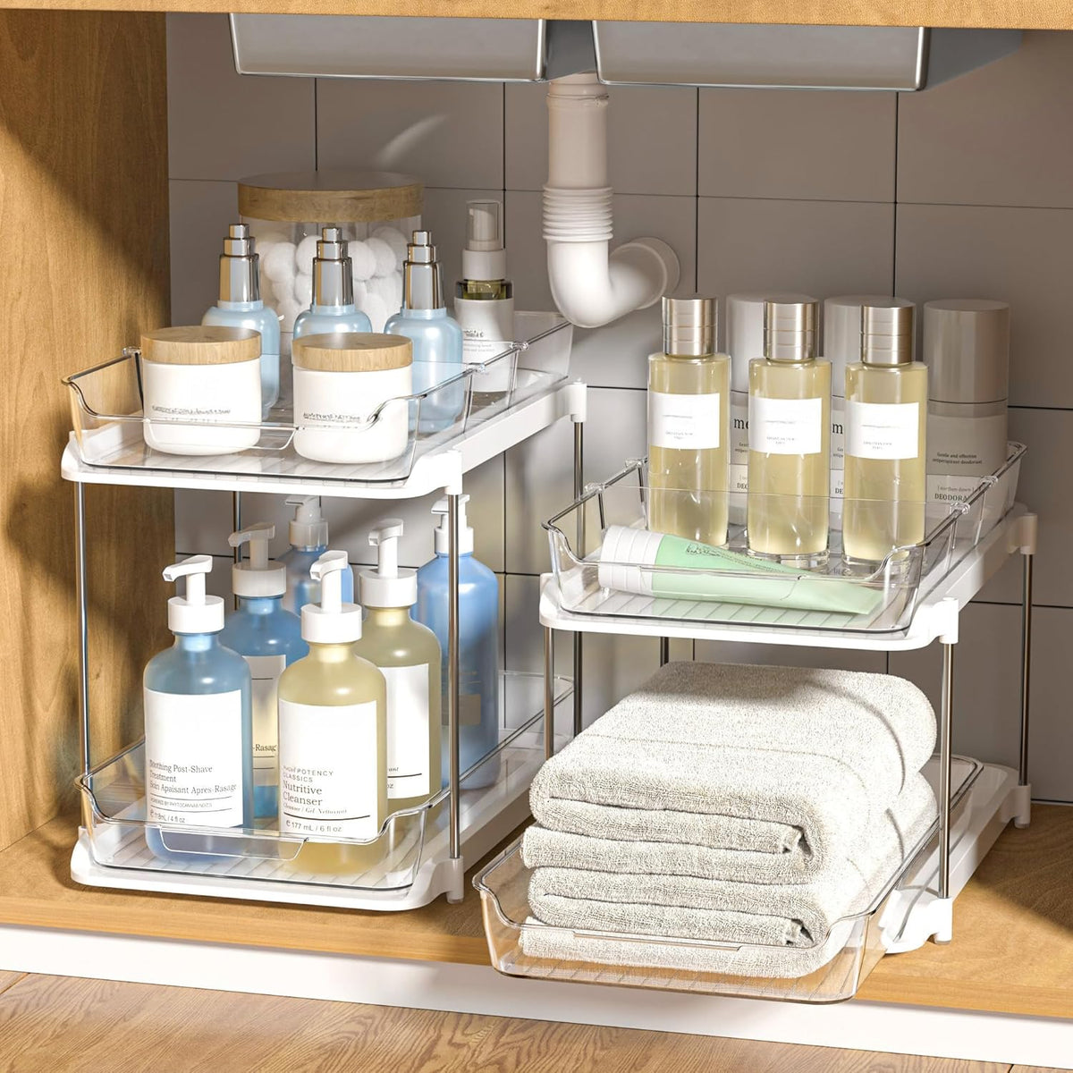 Delamu 2-Tier Pull-Out Cabinet Organizers — White, 2 Pack