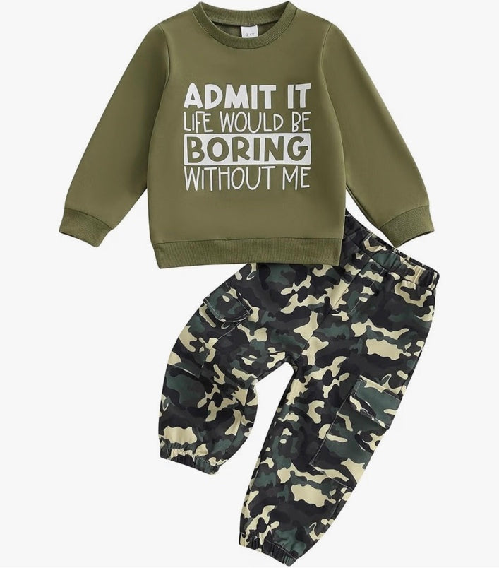 Toddler Boy Green Slogan Sweatshirt & Camo Pants Set