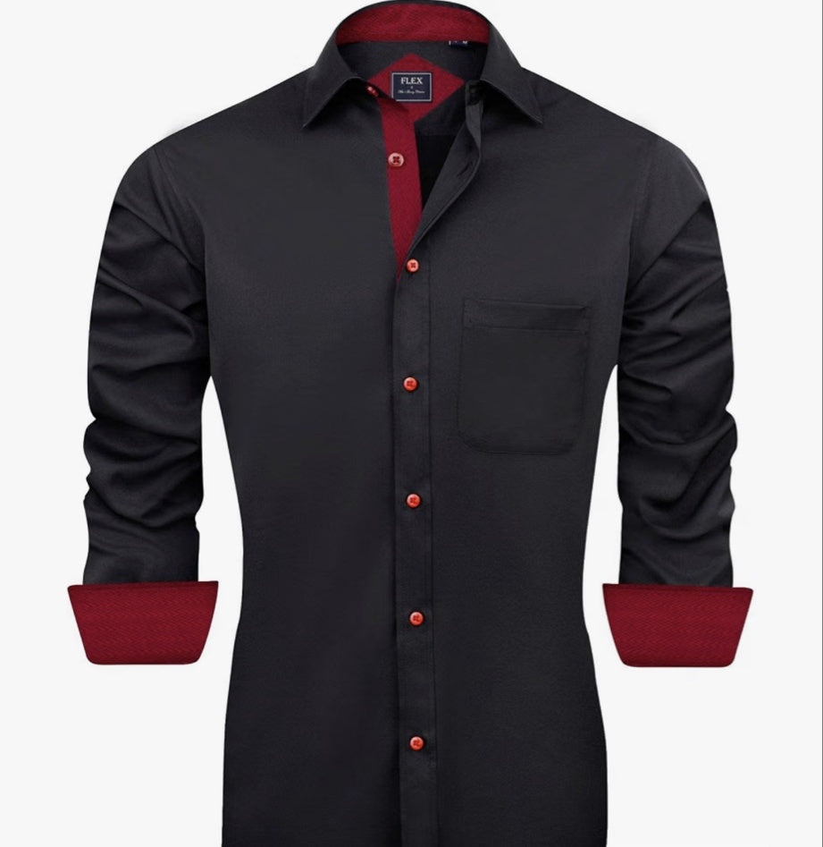 J.VER men's black dress shirt with red contrast collar and cuffs