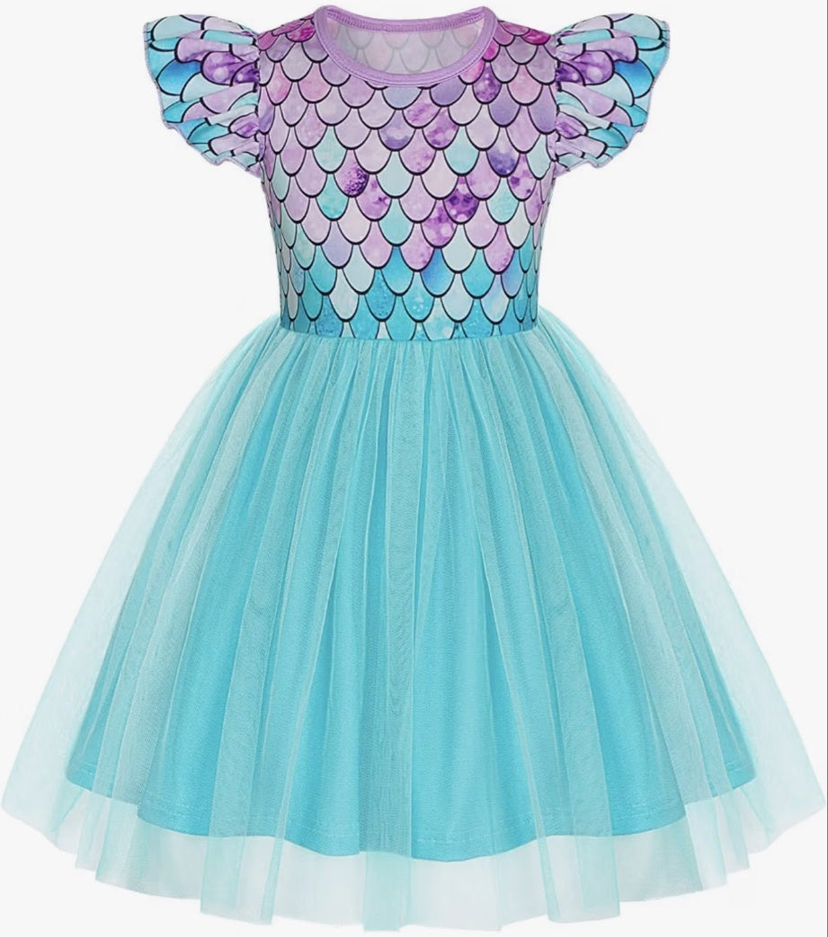 Toddler girls mermaid tutu dress with purple and aqua scale bodice and aqua tulle skirt