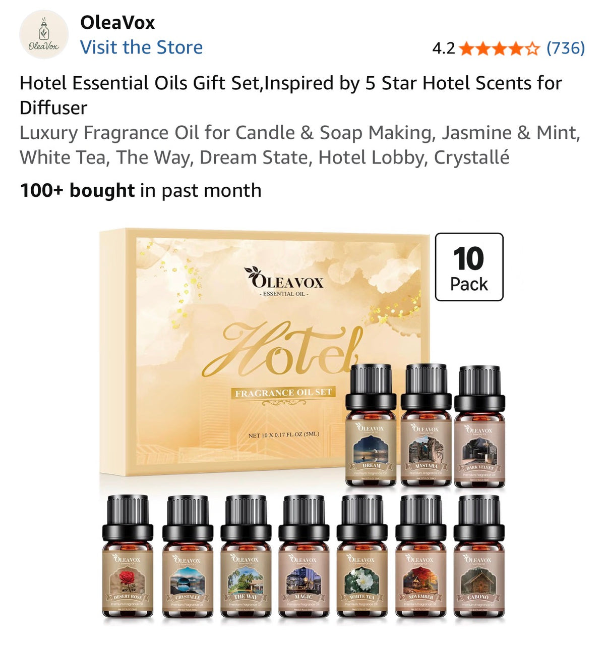OleaVox hotel fragrance oil gift set, ten 5 ml bottles