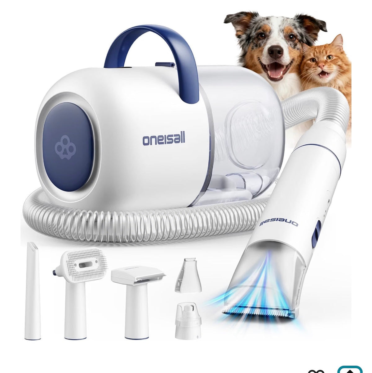 White and blue oneisall pet grooming vacuum with hose and attachments