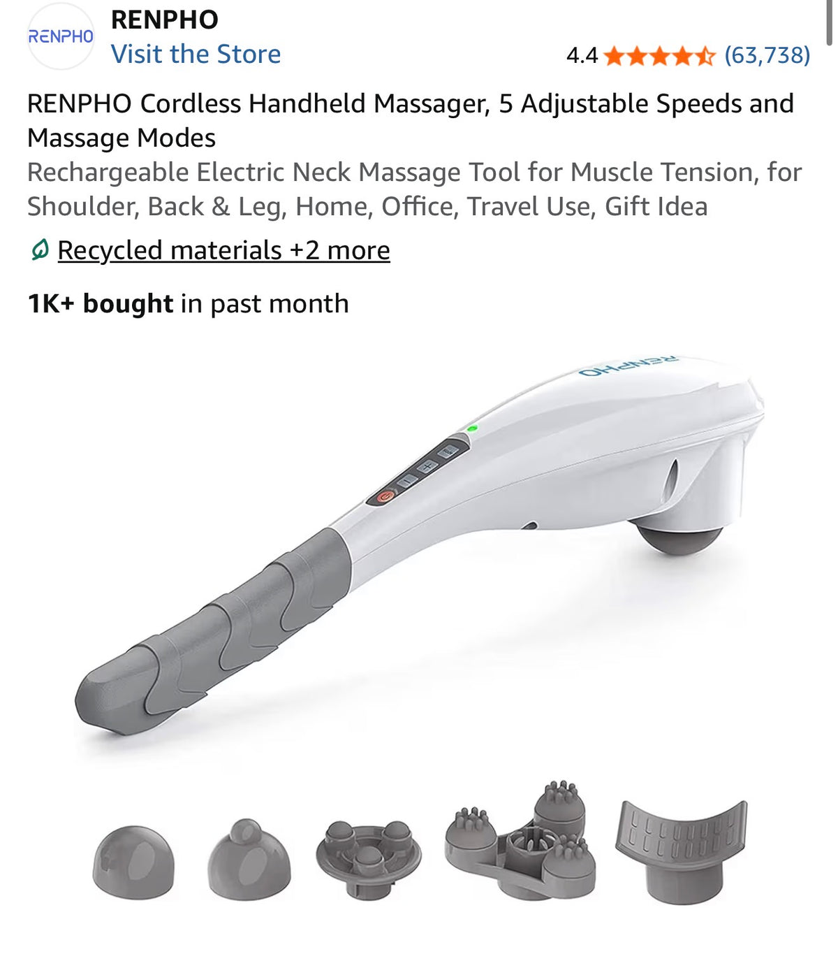 RENPHO cordless handheld massager with interchangeable attachments