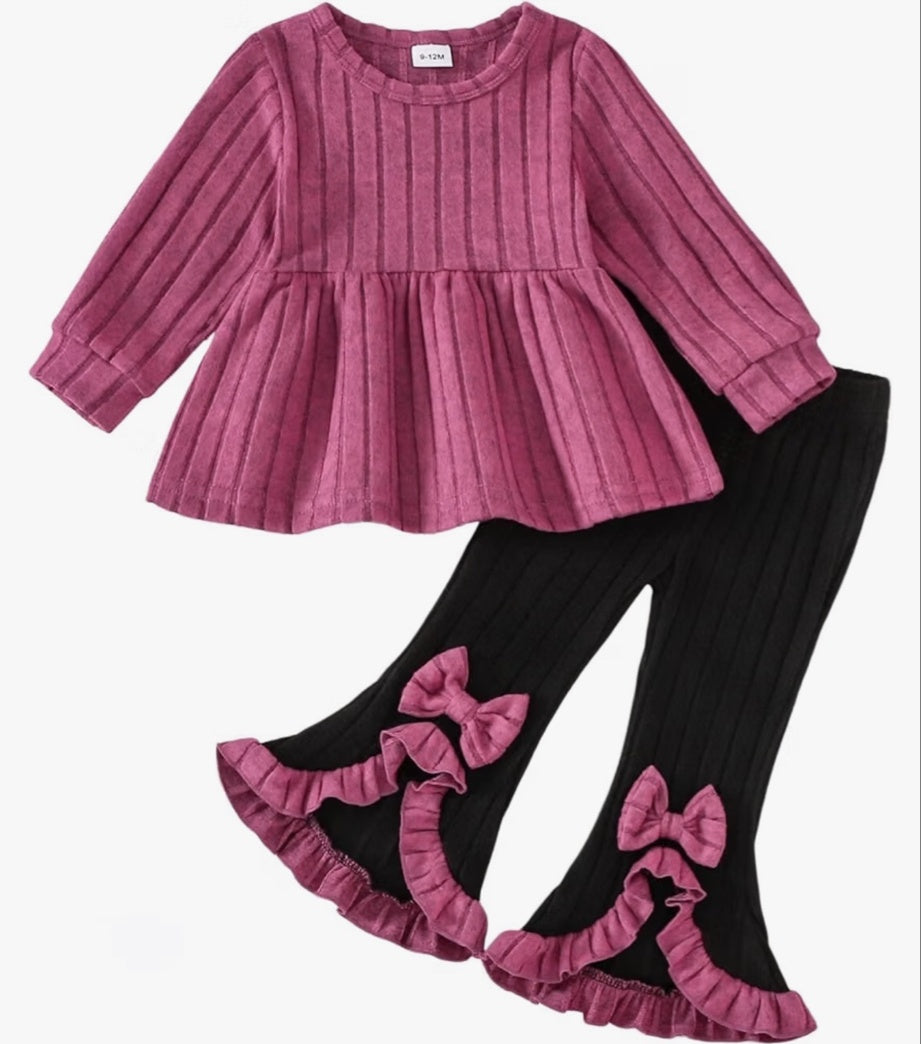 Toddler girl pink ruffle top and black bowknot flare leggings set