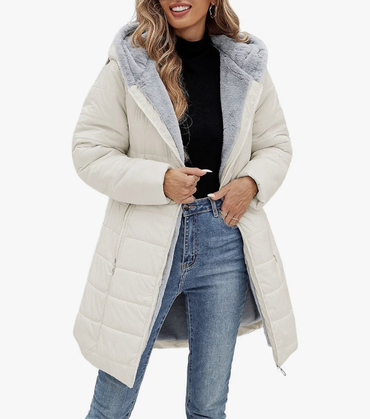 Women's cream puffer coat with fur-lined hood
