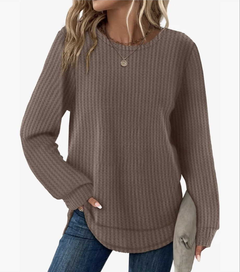 WIHOLL waffle knit curved-hem tunic top in brown