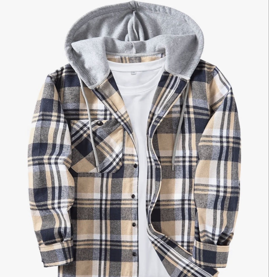 ZITY men's navy and tan plaid flannel shirt with gray hood